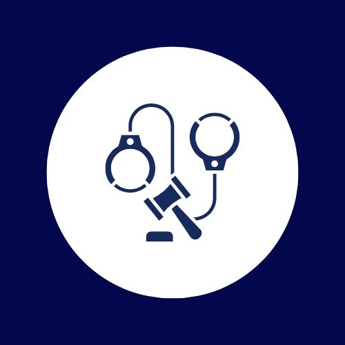 Minimalist icon representing criminal law with handcuffs and a gavel in a circular badge.