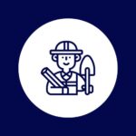 Civil law icon showing a construction professional holding building plans and a trowel, symbolizing property and infrastructure matters.