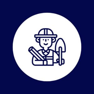 Civil law icon showing a construction professional holding building plans and a trowel, symbolizing property and infrastructure matters.