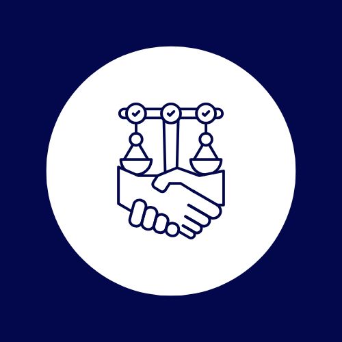 Dispute & Arbitration icon showing a handshake beneath balanced scales with check marks, symbolizing fair settlement.