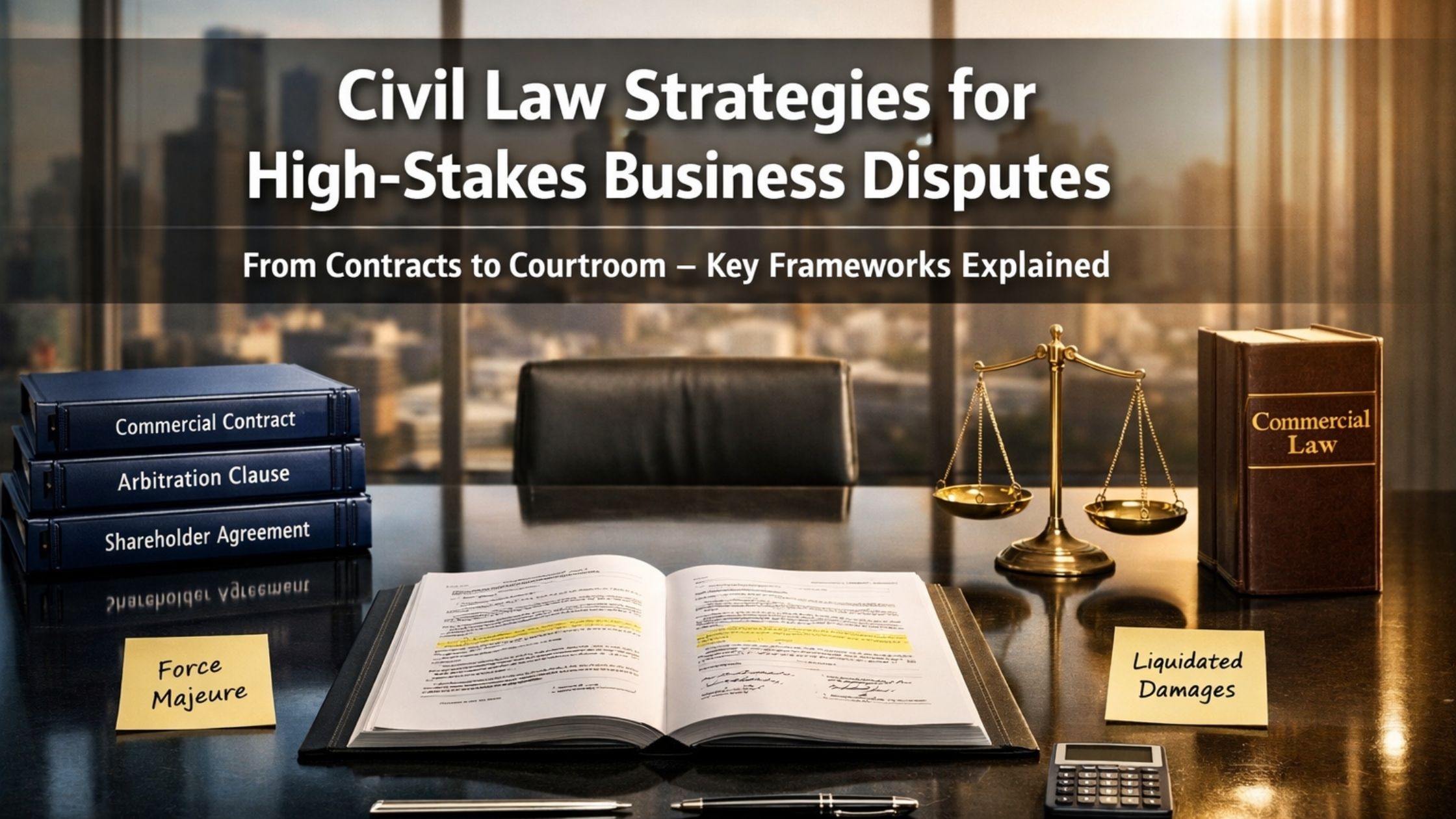 Professional desk with law books, contracts, scales of justice illustrating civil law strategies for business disputes.