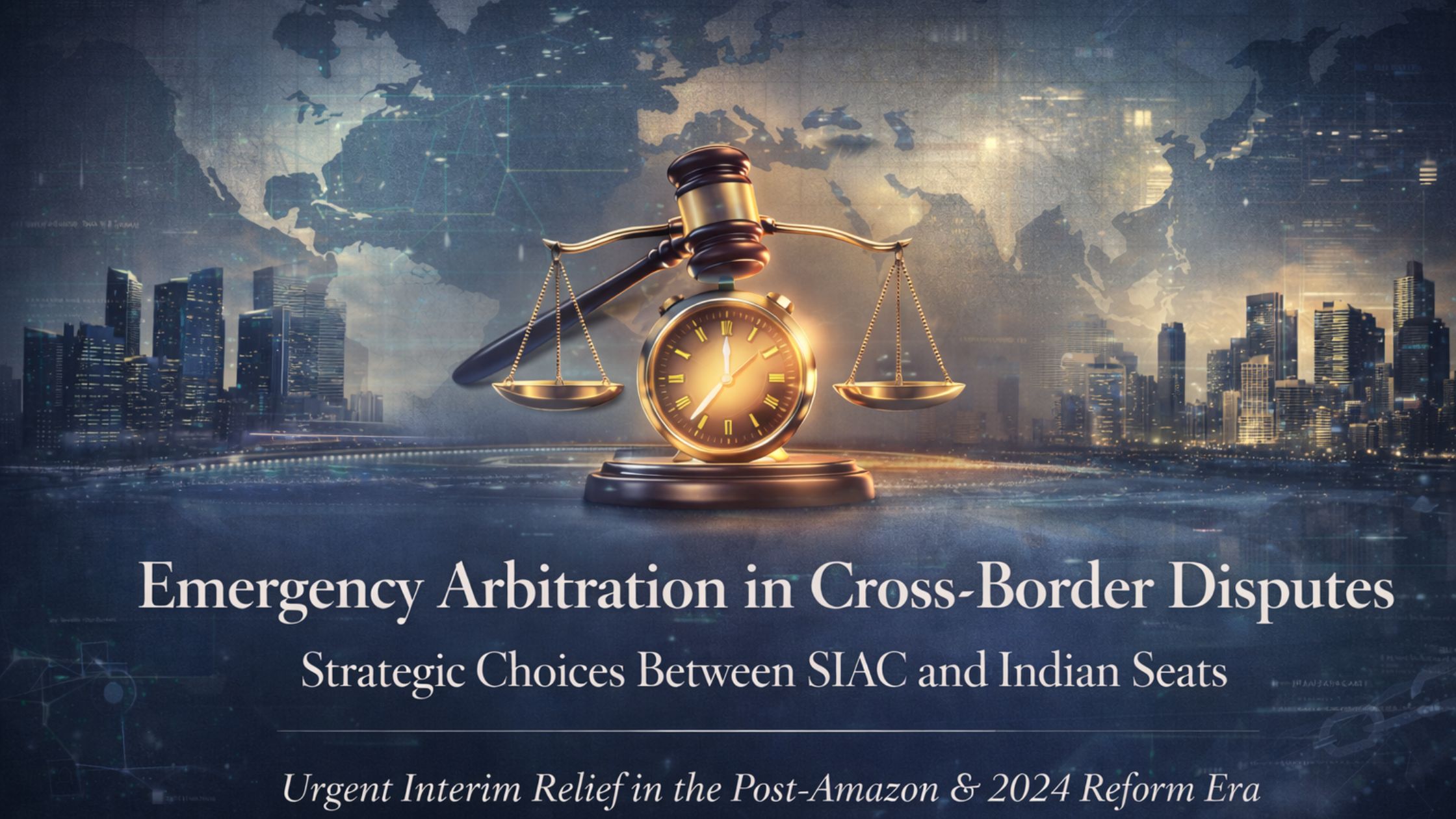 Cross-Border Disputes emergency arbitration with gavel, scales, and clock on world map showing SIAC and Indian seats