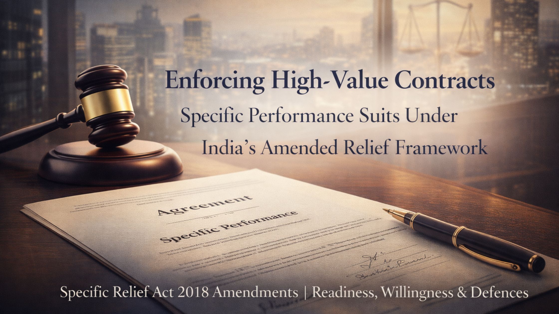 Visual of gavel and contract representing specific performance suits for enforcing high-value contracts under India's Specific Relief Act 2018 amendments.