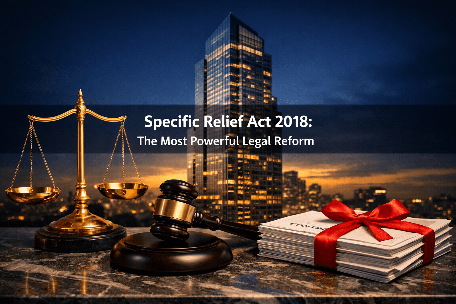 Golden scales of justice, gavel, and contract documents against a commercial skyscraper skyline — Specific Relief Act 2018 legal reform.