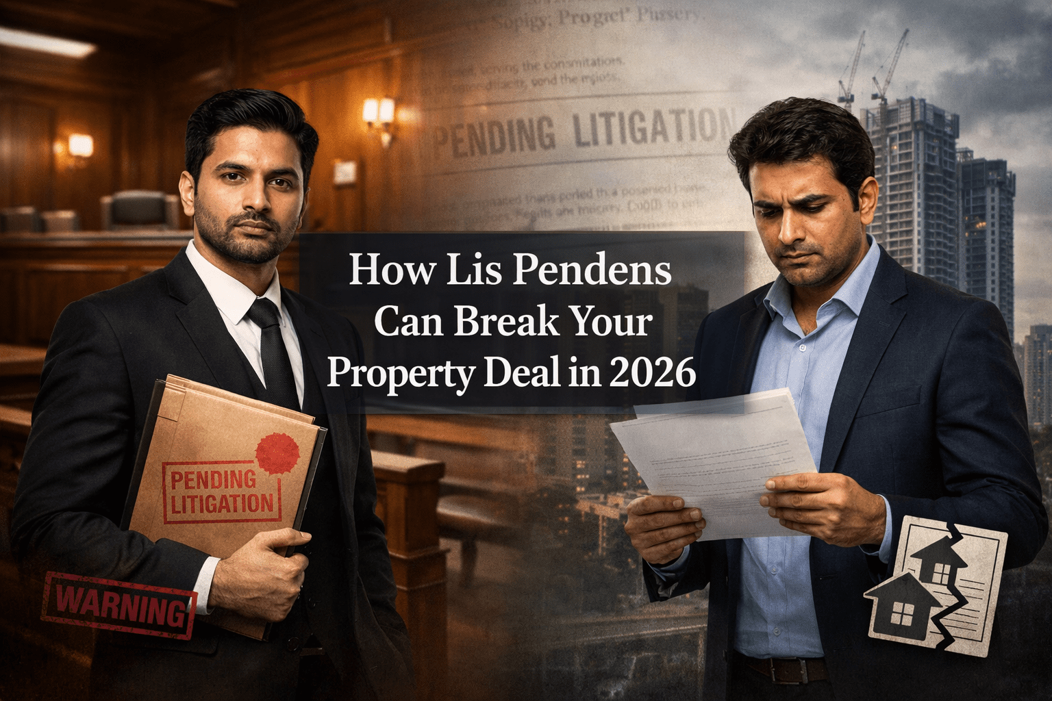 Two business professionals reviewing property and legal documents against a split background of an Indian courtroom and a high-rise building, symbolizing Lis Pendens and real estate risk