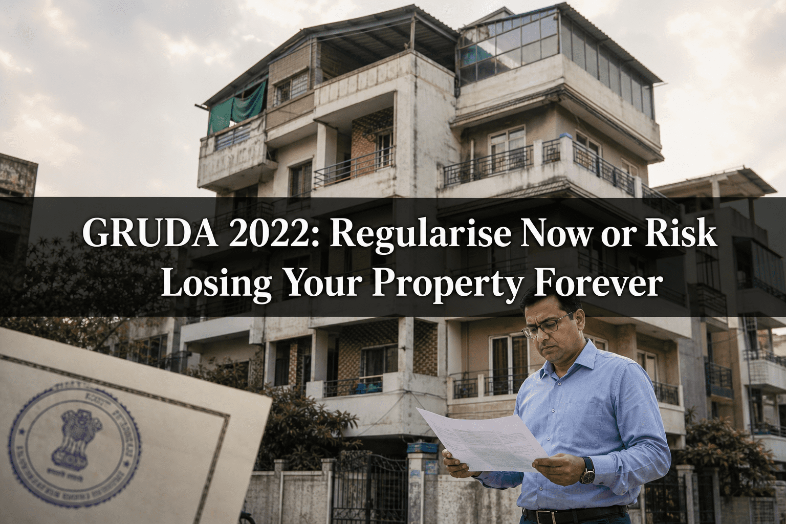 A property owner reviews legal documents outside an unauthorised building in Gujarat under GRUDA 2022 regularisation.