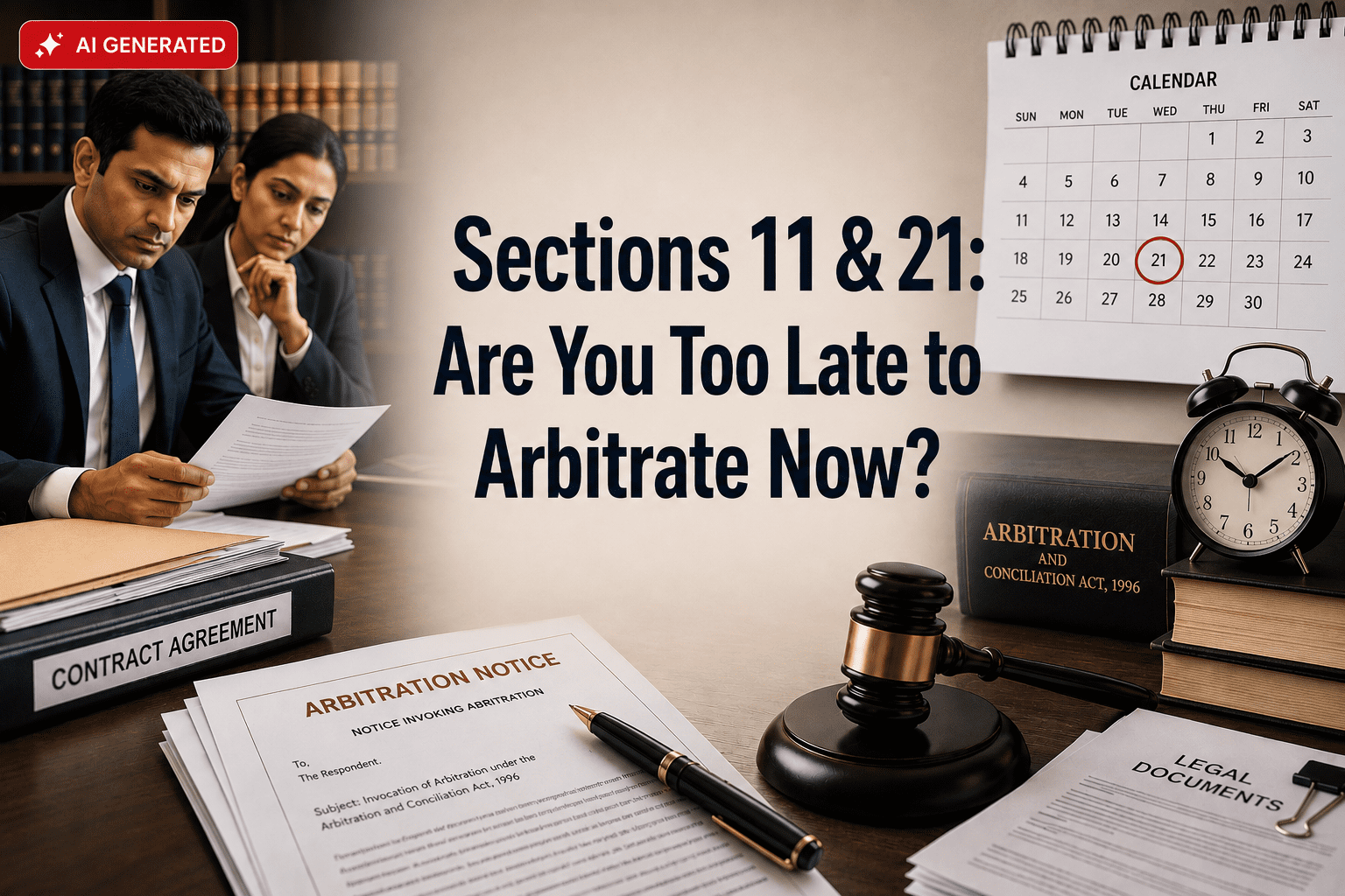 AI Gen image showing two legal professionals reviewing arbitration documents beside a gavel, contract files, a calendar, and the text “Sections 11 & 21: Are You Too Late to Arbitrate Now?”