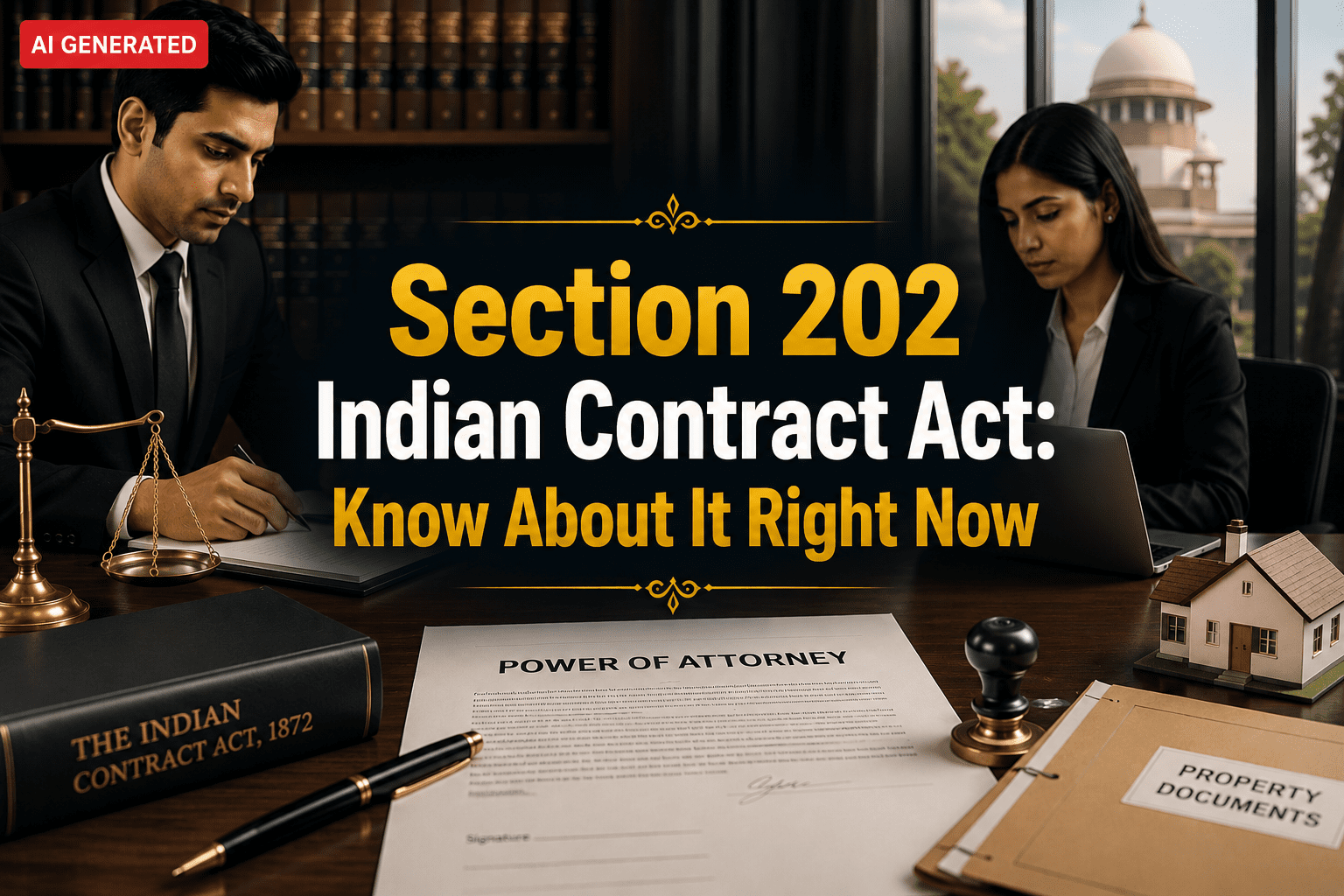 Section 202 Indian Contract Act legal banner showing a Power of Attorney document, property file, legal desk, courthouse background, and Indian legal professionals discussing property and agency law.